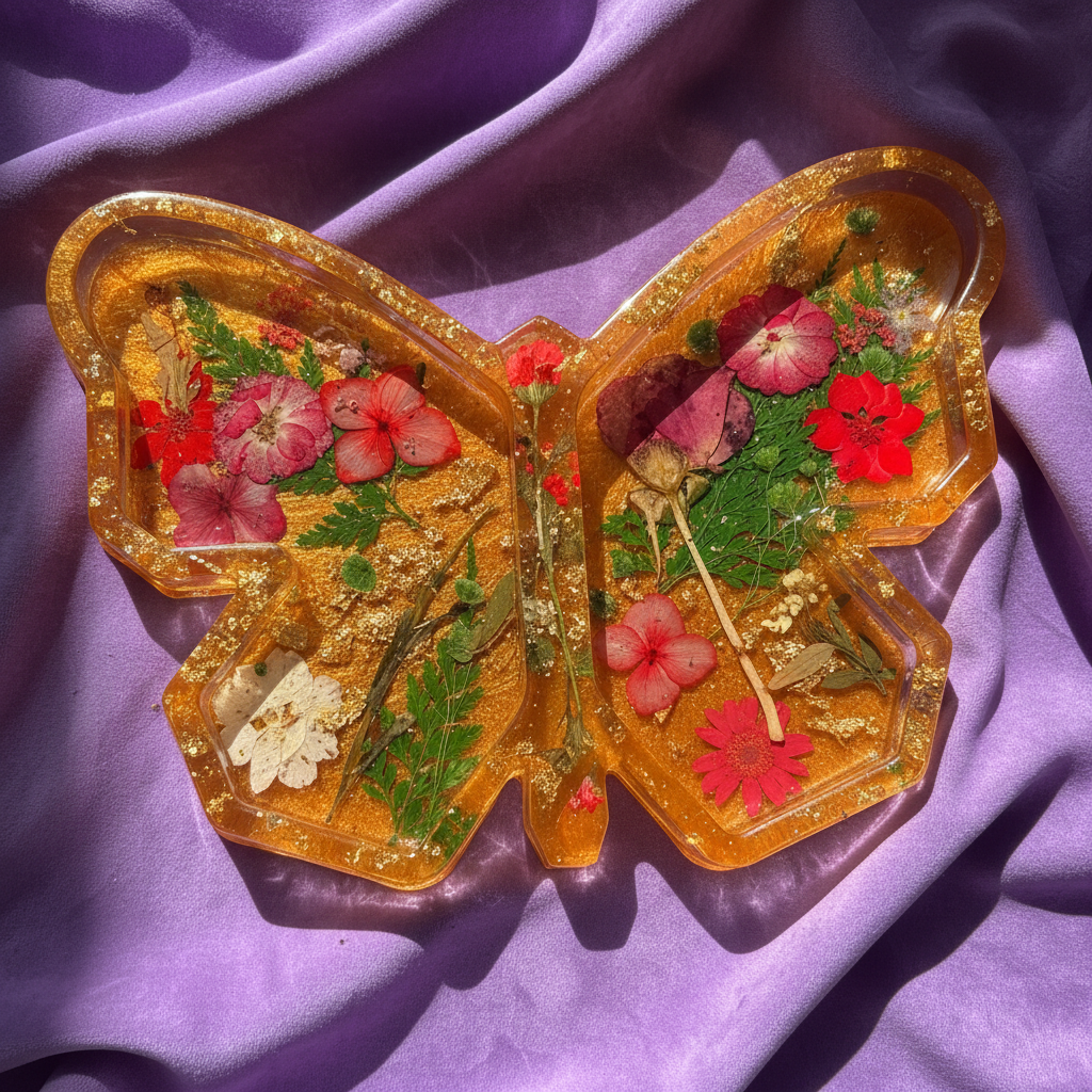 Dried flowers in resin jewelry tray