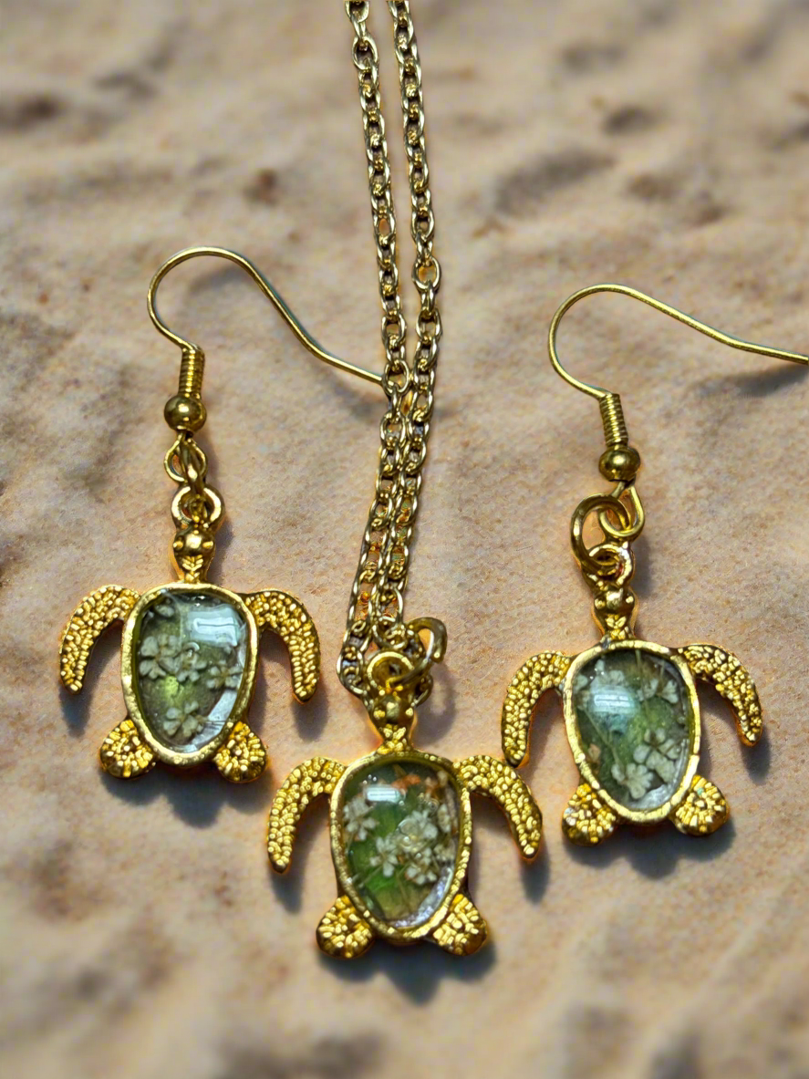 Baby sea turtle earrings and necklace set with lace flower pieces