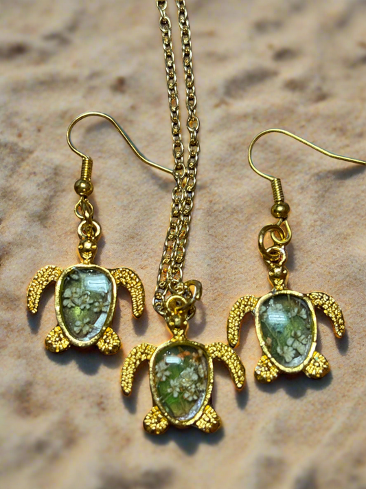 Baby sea turtle earrings and necklace set with lace flower pieces