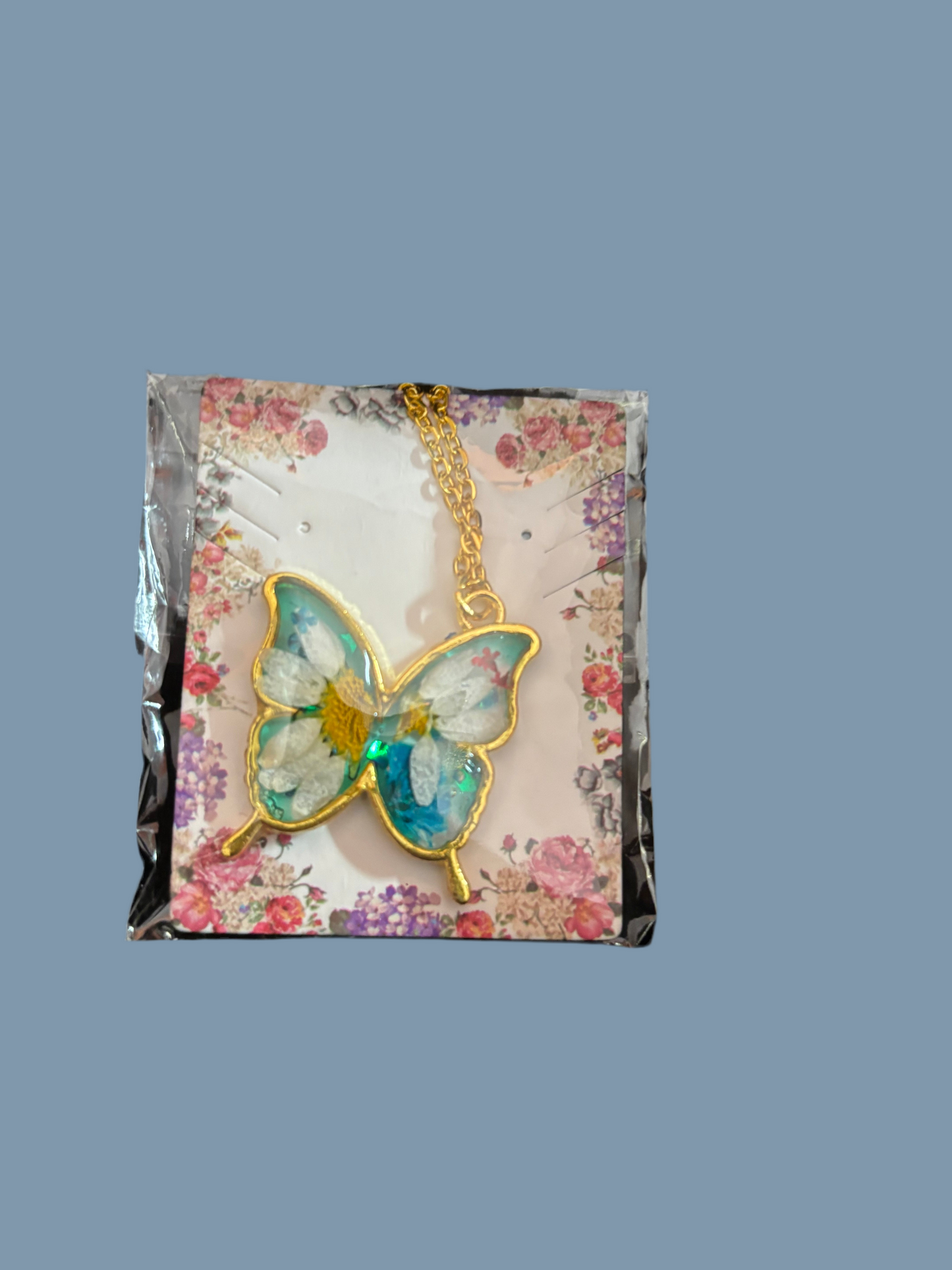 Resin butterfly necklace many flower colors available