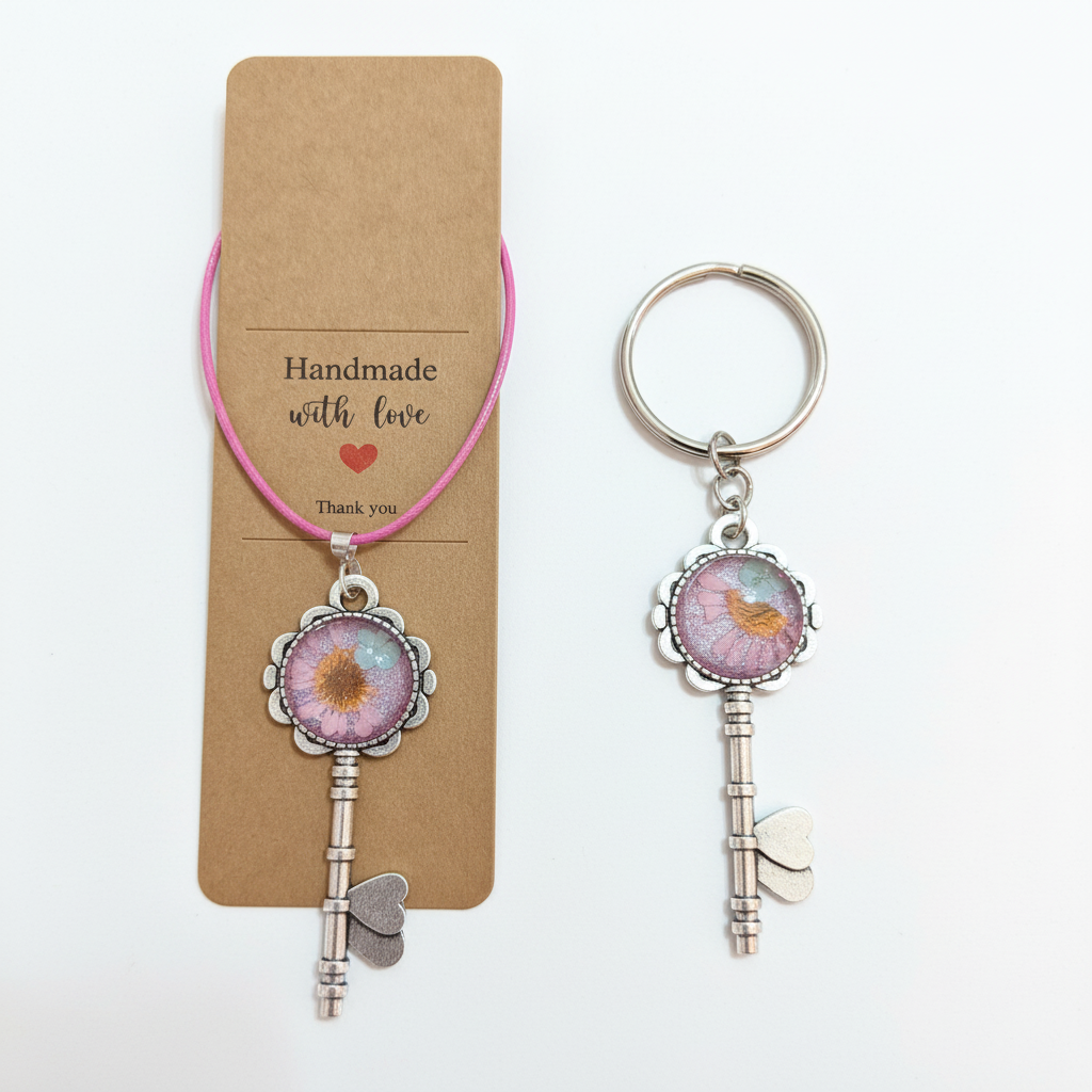 Key shaped necklace or key chains dried flowers or glitter